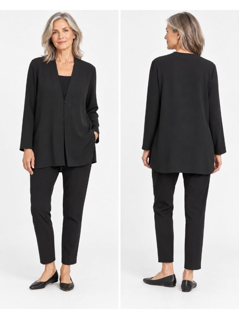 Eileen Fisher Black Open Front Blazer Long Sleeve Black Xsmall